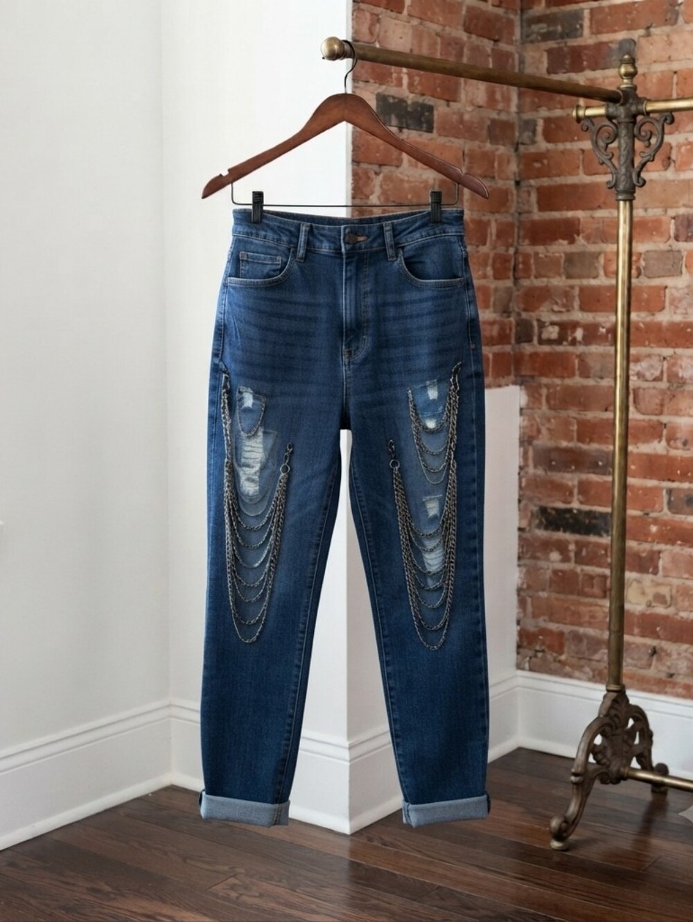 Distressed Skinny Blue Jeans with Chain Embellishments
